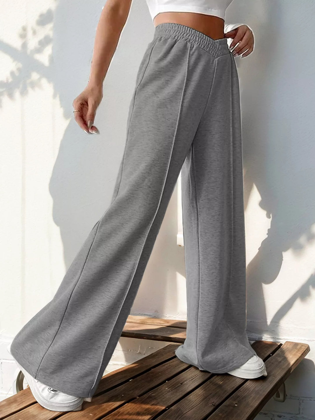 High waist wide leg pull-on pants with V-notch waistband