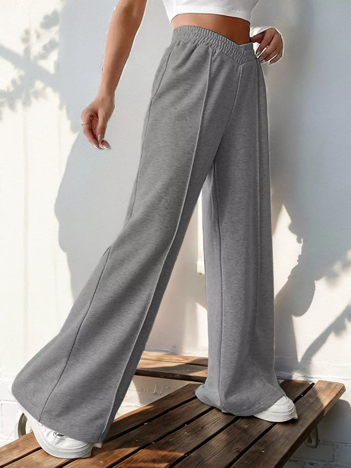 High waist wide leg pull-on pants with V-notch waistband