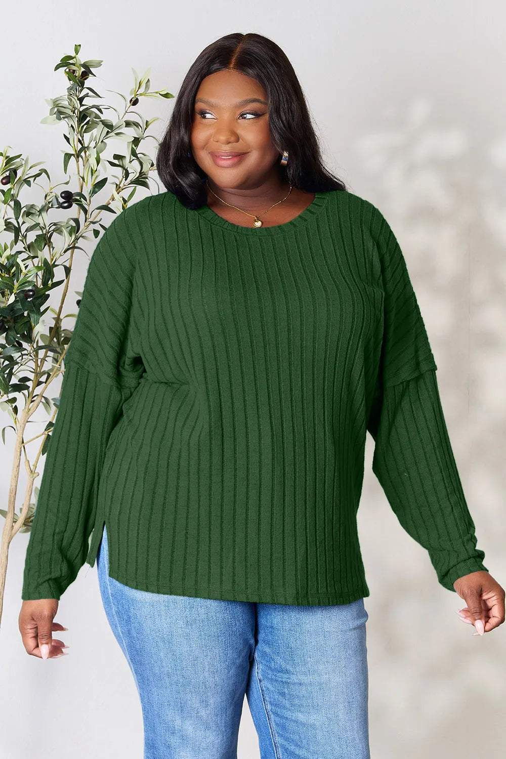 Ribbed knit round neck tunic top with side slits