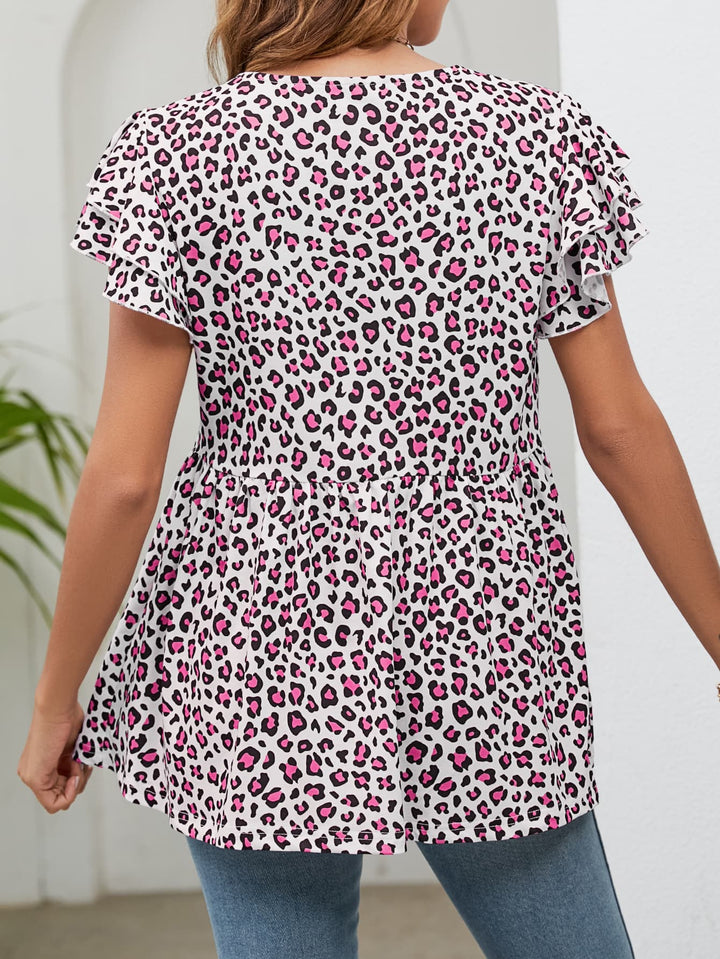 Leopard flutter sleeve babydoll blouse with round neck
