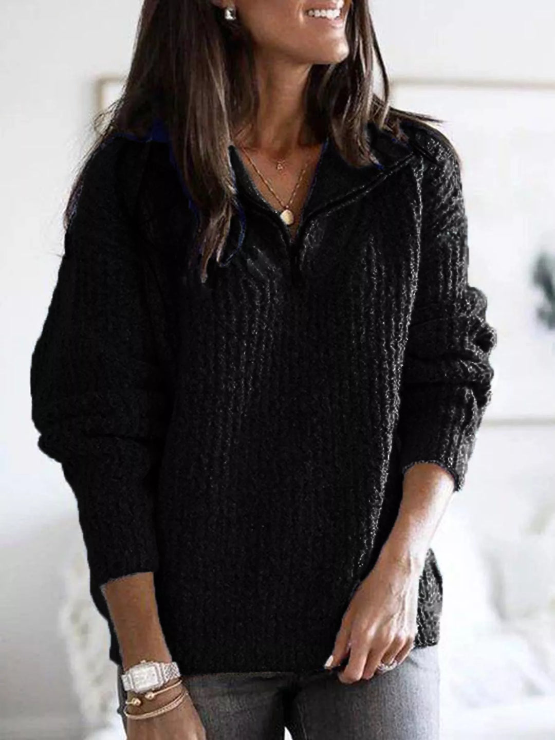 Black Half-zip ribbed textured knit pullover sweater