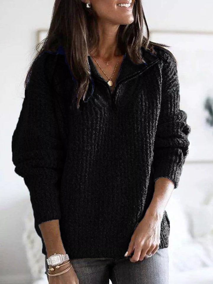 Black Half-zip ribbed textured knit pullover sweater