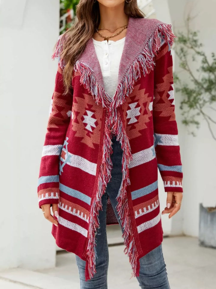 Deep Red Fringe-trim geometric knit hooded cardigan, open front