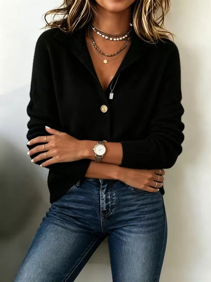 Collared button-front knit cardigan with ribbed cuffs