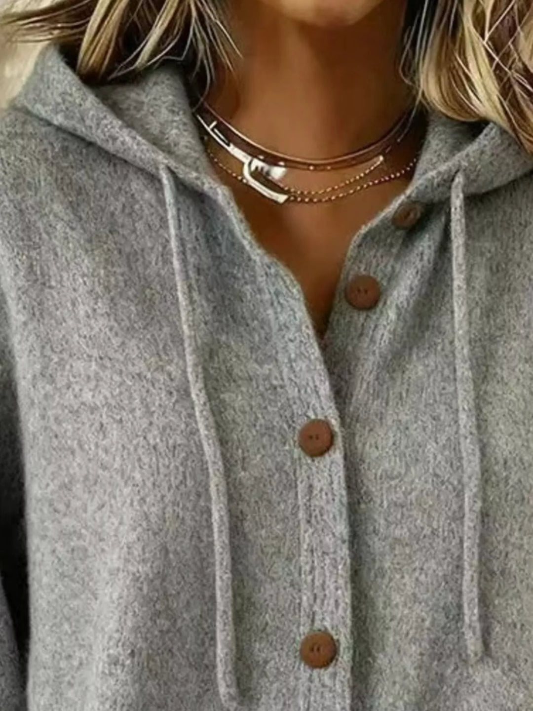 Hooded button-down knit cardigan with drawstring