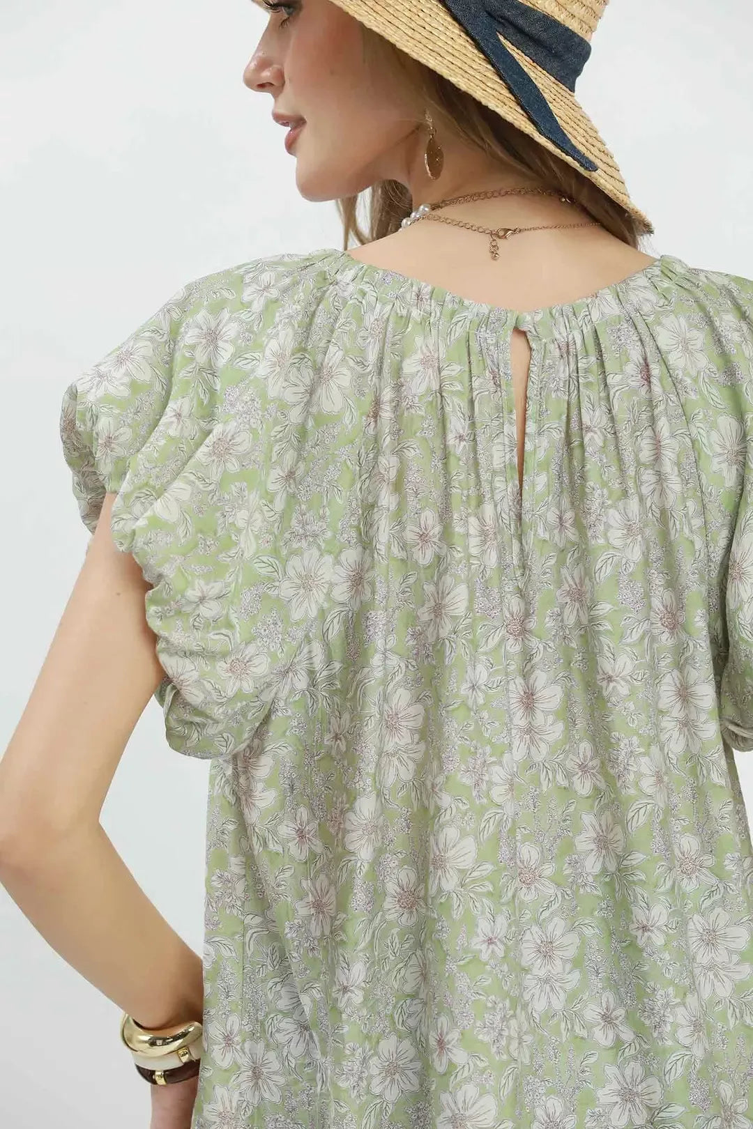 Floral puff sleeve blouse with gathered neckline