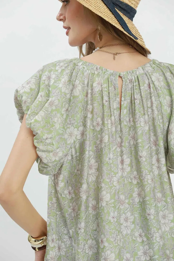 Floral puff sleeve blouse with gathered neckline