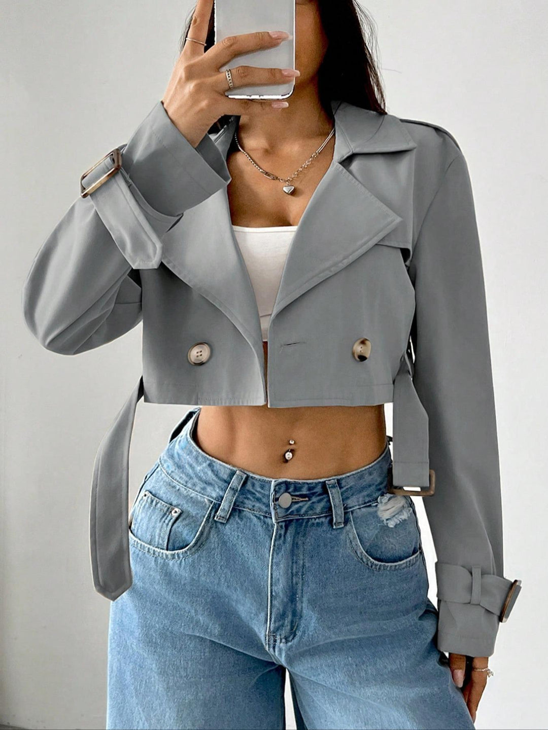 Gray Cropped double-breasted trench jacket with belted cuffs