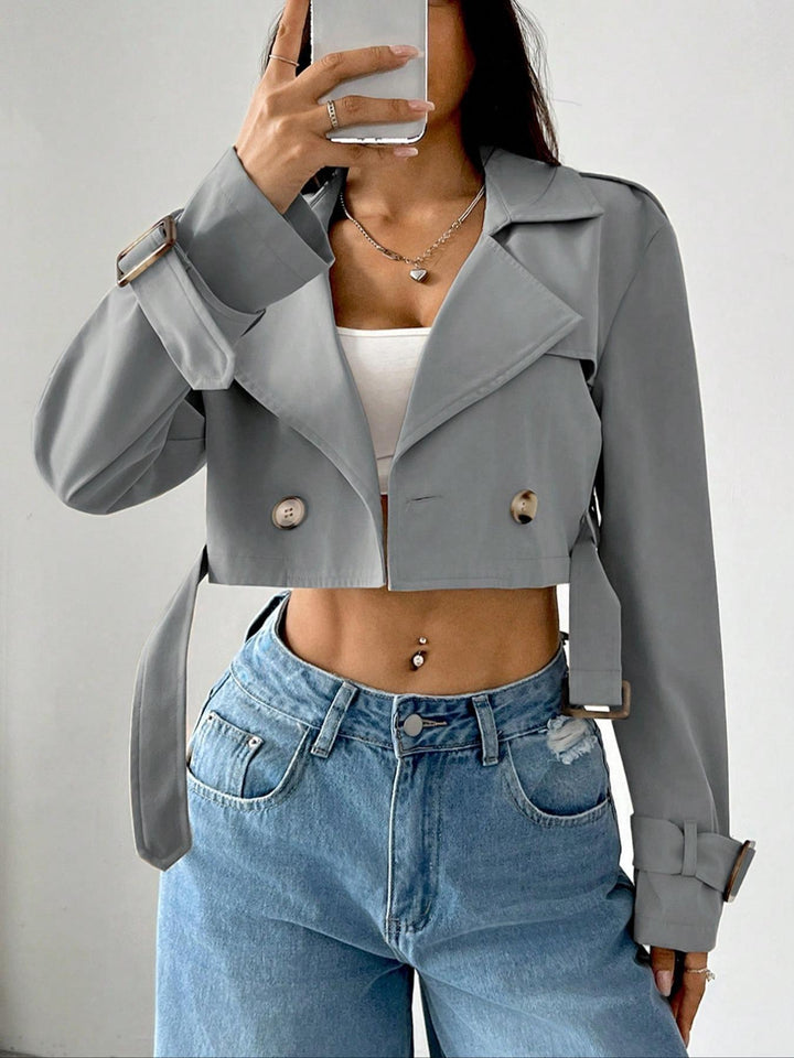 Gray Cropped double-breasted trench jacket with belted cuffs