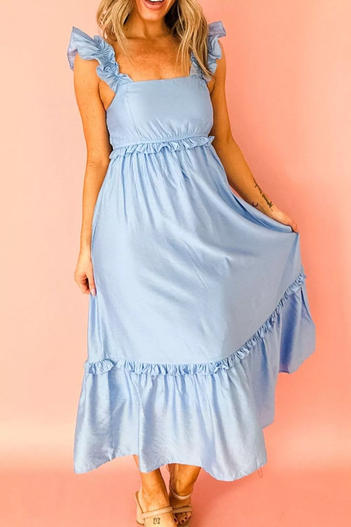 Ruffle strap square neck high waist tiered midi dress