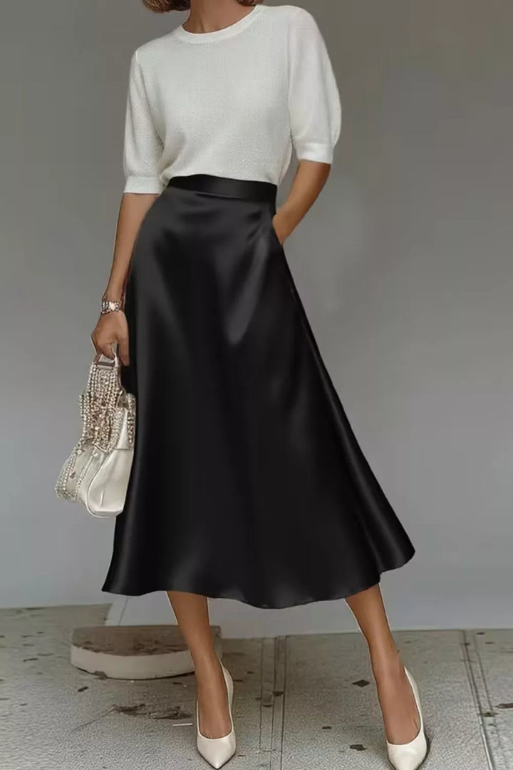 Black High-waist satin A-line midi skirt with pockets