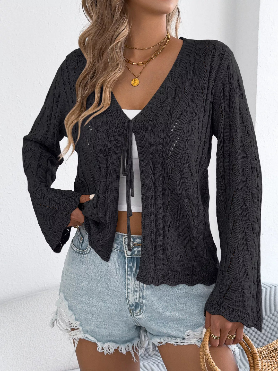 Openwork tie-front knit cardigan with bell sleeves