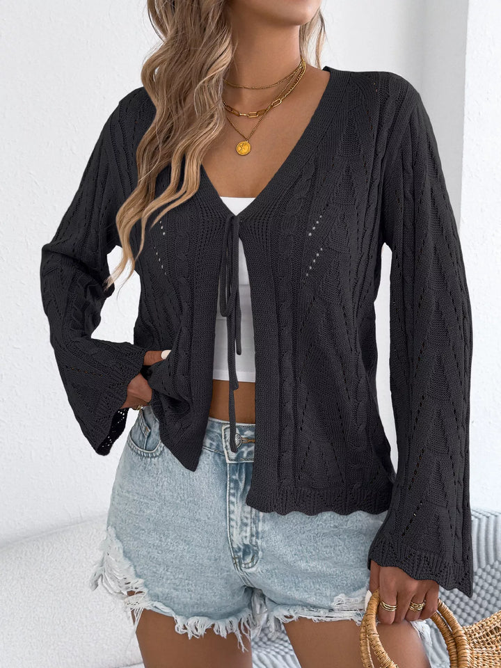 Openwork tie-front knit cardigan with bell sleeves