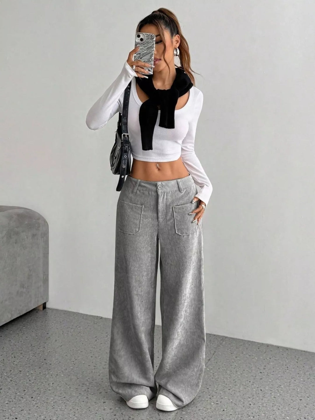 Wide-leg corduroy pants with front patch pockets