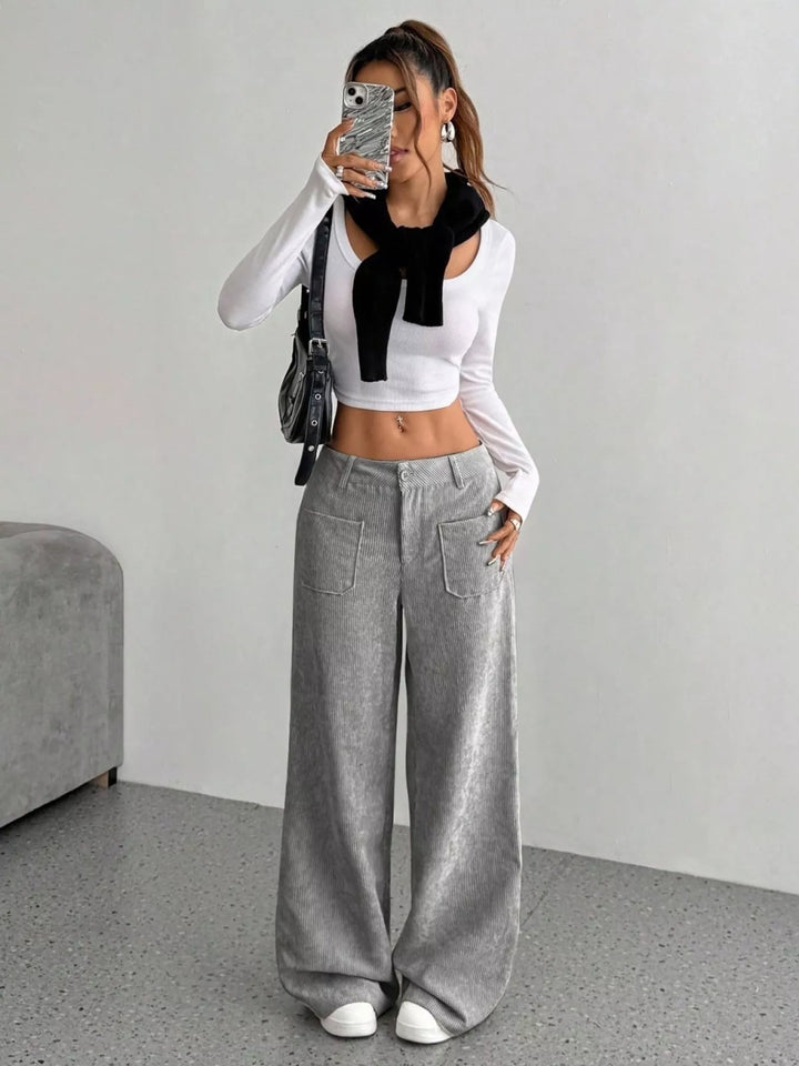 Wide-leg corduroy pants with front patch pockets