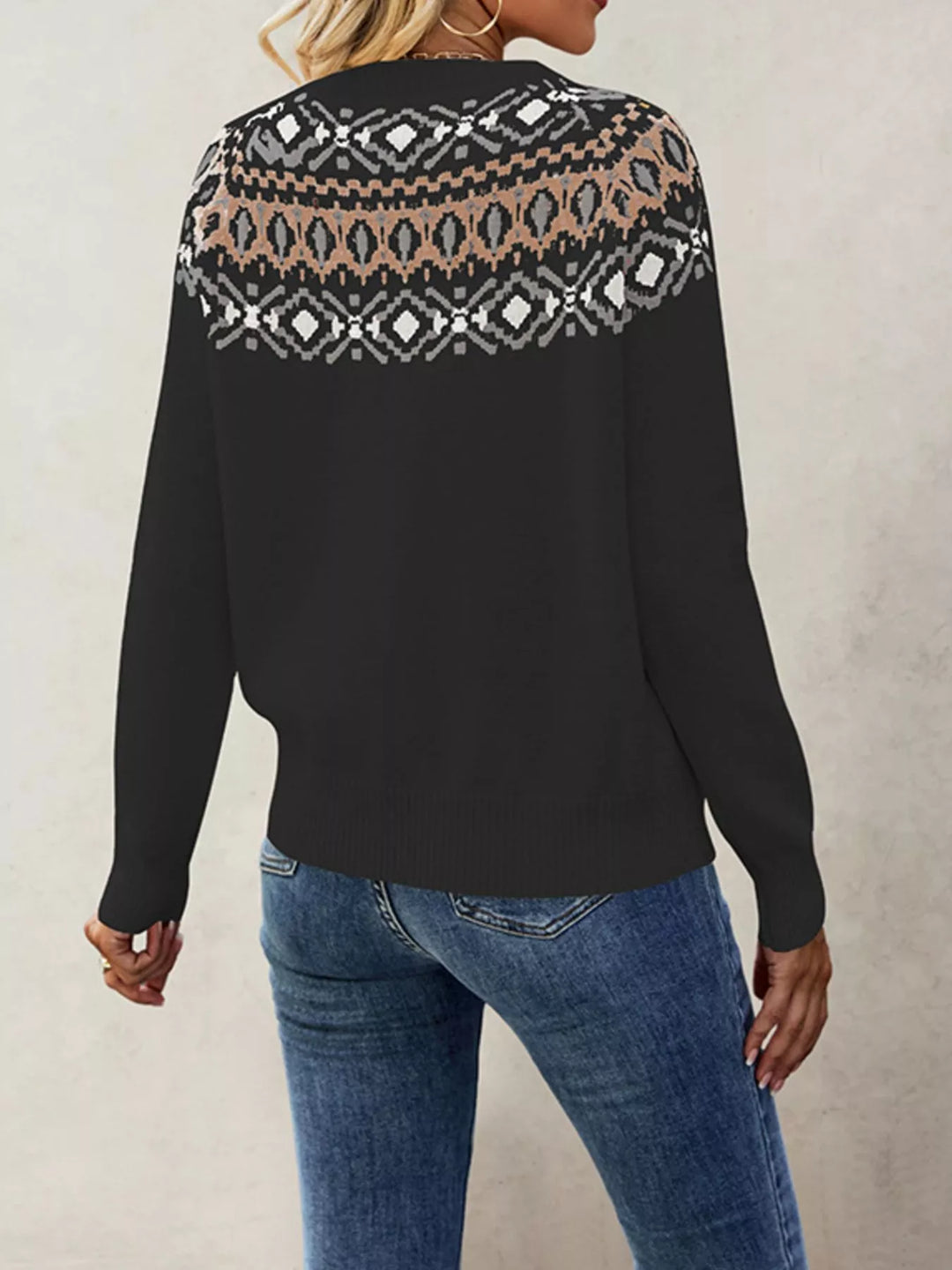 Fair Isle knit crew neck sweater with ribbed cuffs