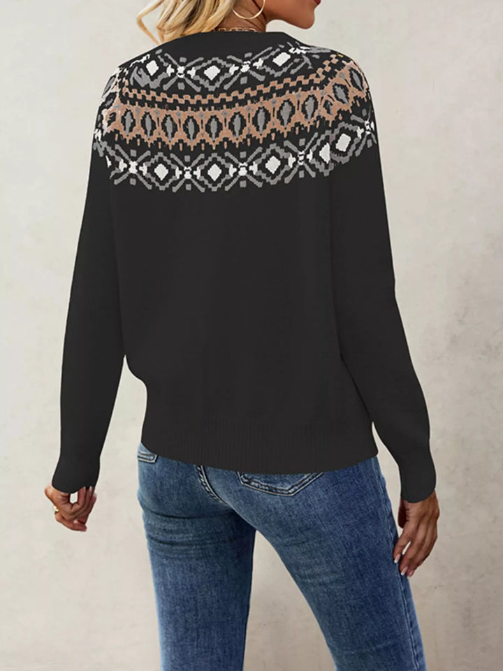 Fair Isle knit crew neck sweater with ribbed cuffs