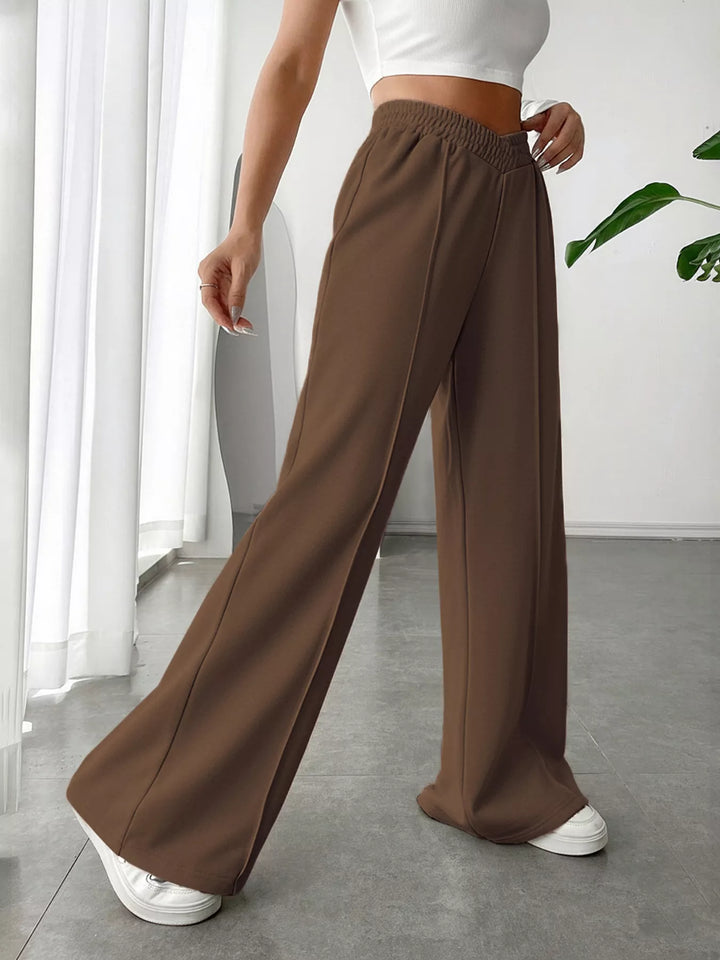 High waist wide leg pull-on pants with V-notch waistband