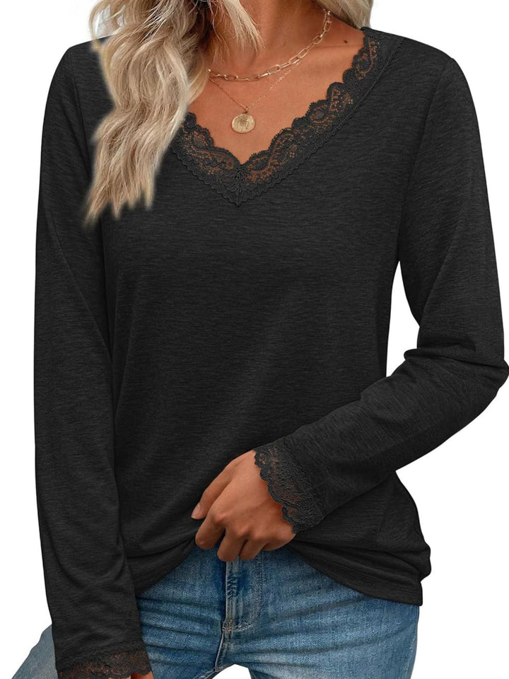 Black Lace trim V-neck long sleeve top with lace cuffs