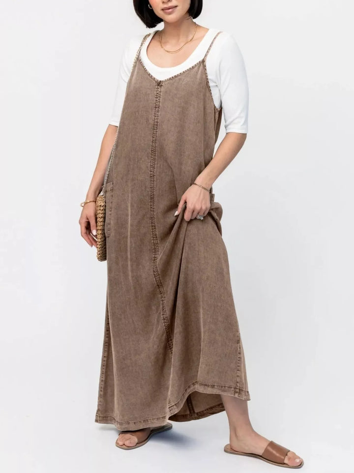 Brown Washed denim cami maxi dress with side pockets