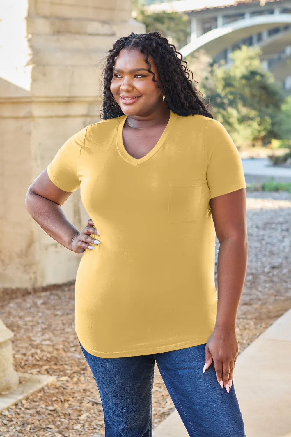 V-neck short sleeve bamboo tee with chest pocket