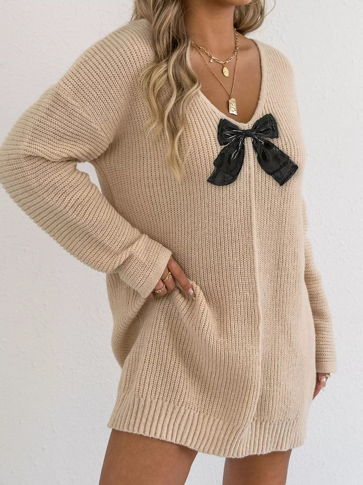 Apricot Bow-front ribbed knit mini sweater dress with V-neck