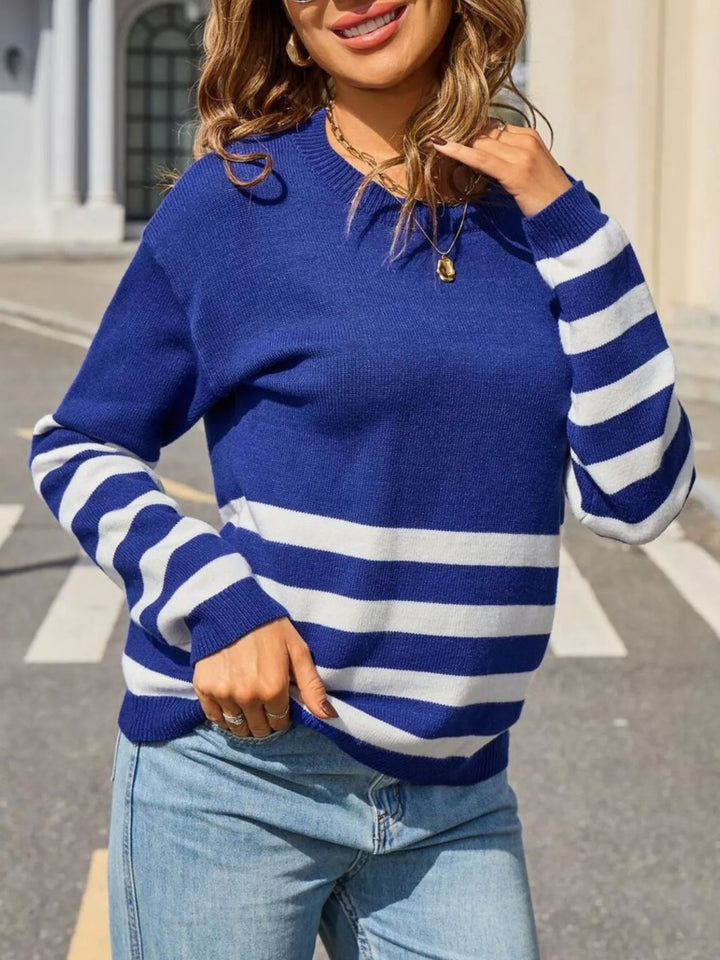 Striped ribbed knit crew neck pullover sweater