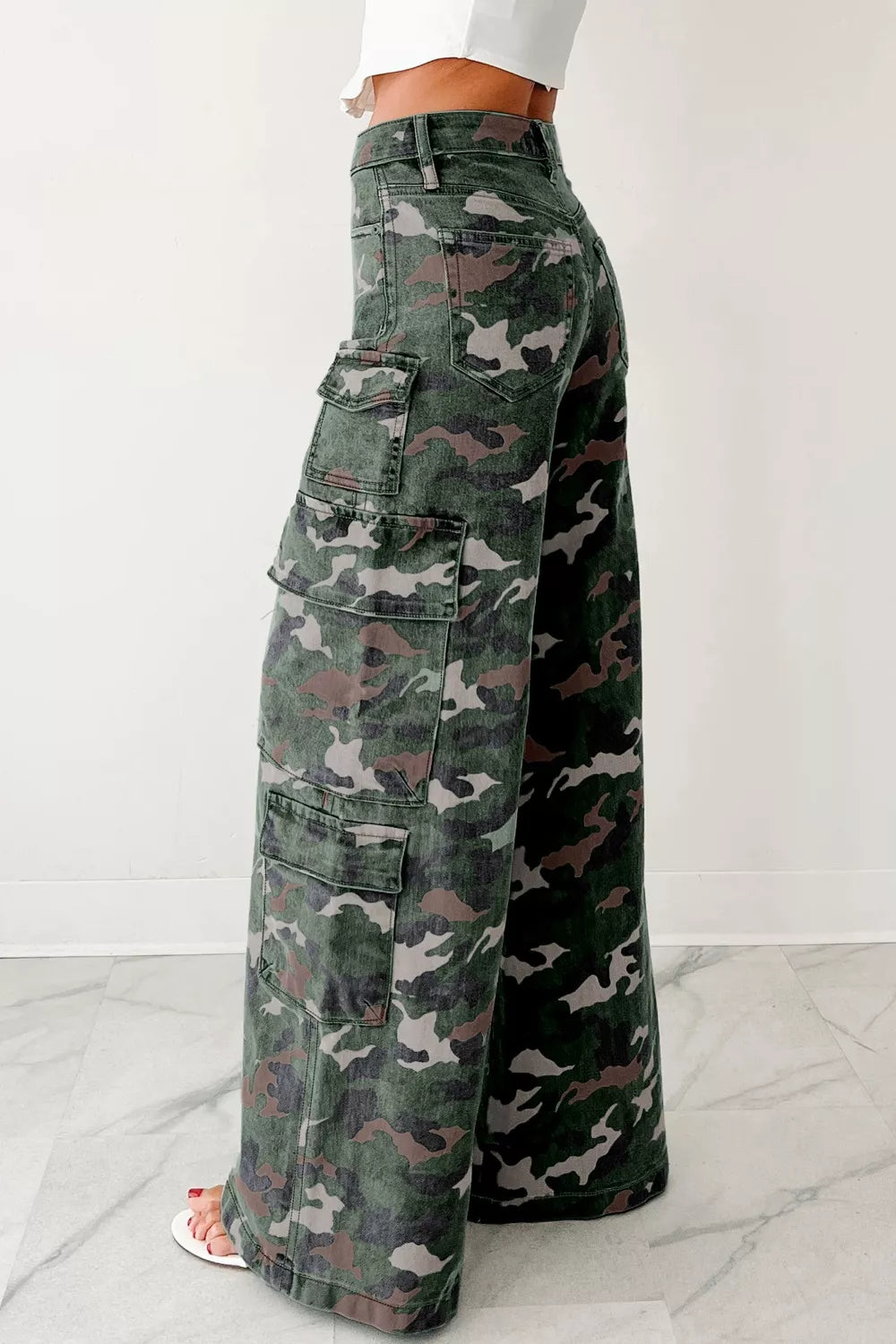 Camo print high-rise wide-leg cargo pants