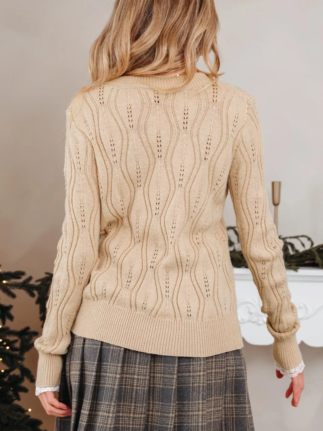Pearl-embellished pointelle knit V-neck sweater with lace cuffs