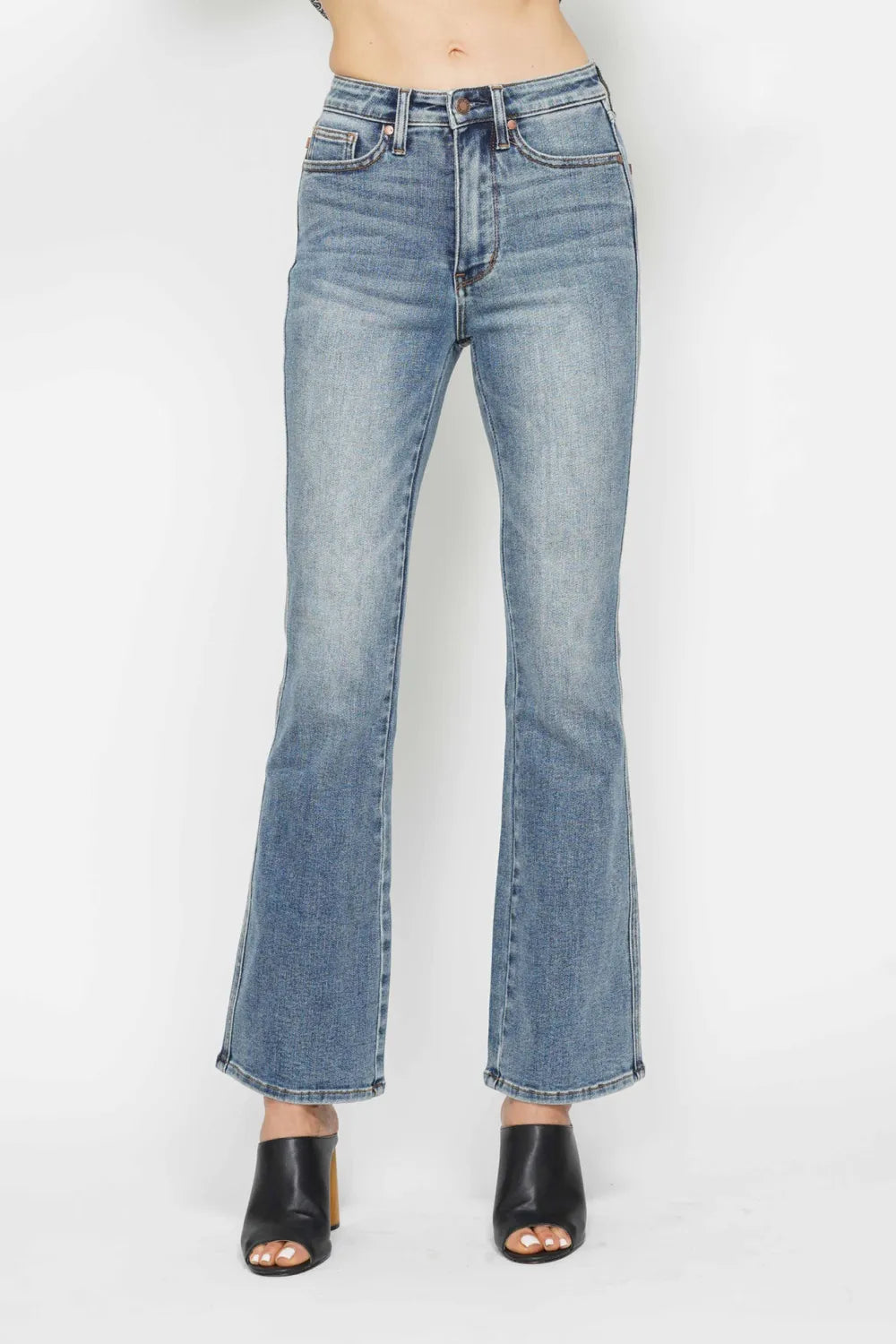 High-rise tummy control bootcut jeans with embroidered pockets