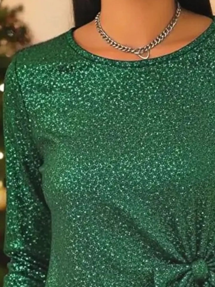 Sequin long sleeve top with side bow-knot tie