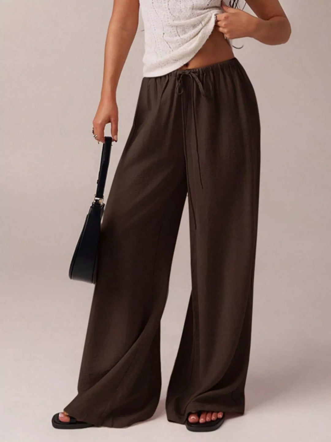 Linen-look drawstring wide-leg pants with side pockets