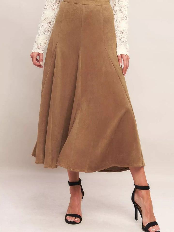 Khaki Flowy high-waist A-line midi skirt in suede-touch fabric