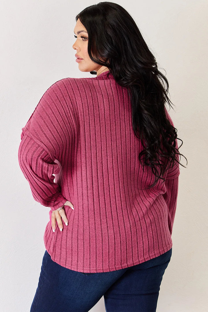 Ribbed knit half-button long sleeve high-low top