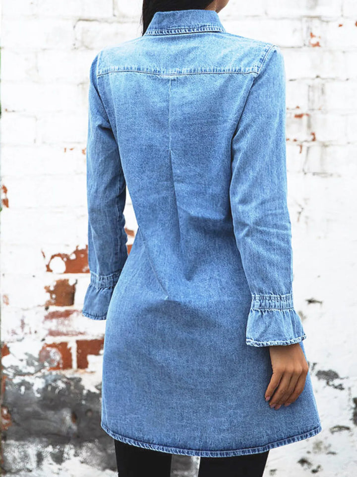 Long sleeve button-front denim mini shirt dress