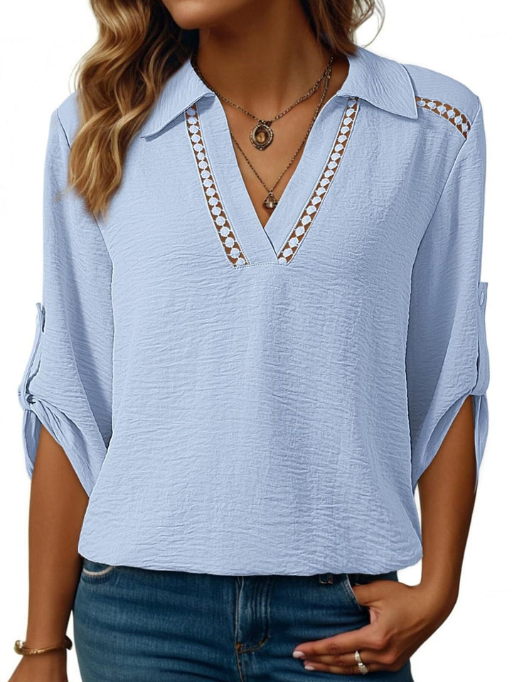 Johnny collar blouse with crochet lace trim and roll-tab sleeves