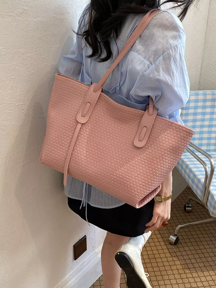 Woven texture faux leather large shoulder tote bag