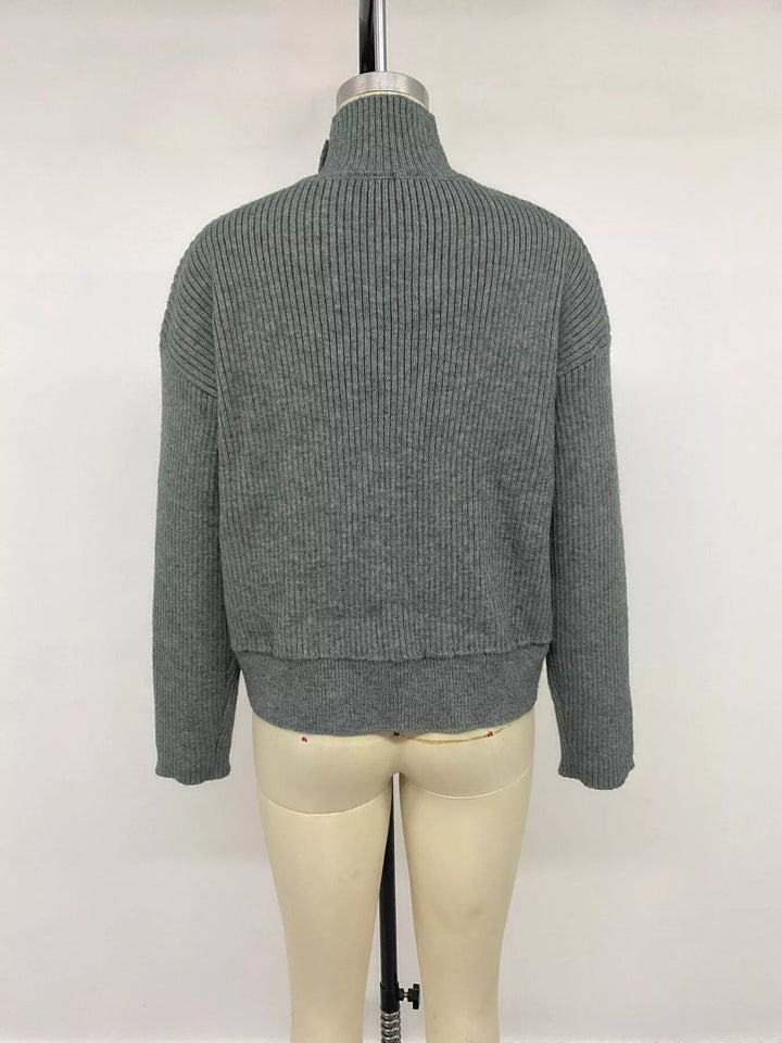 Ribbed knit mock neck button-front cardigan