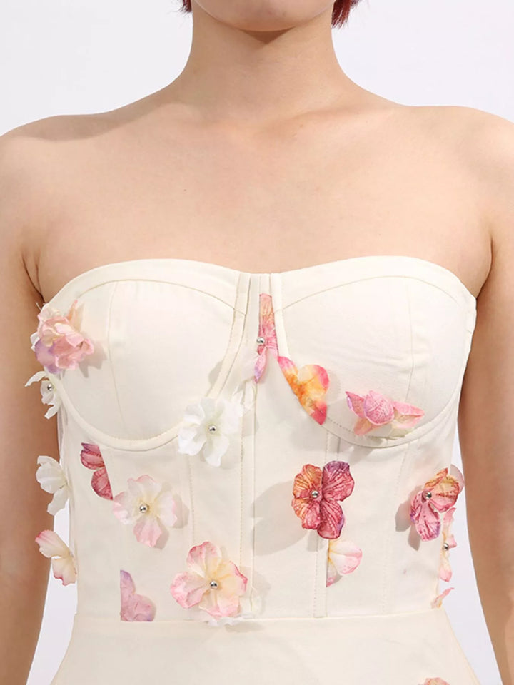 Strapless tulle maxi dress with 3D floral appliques