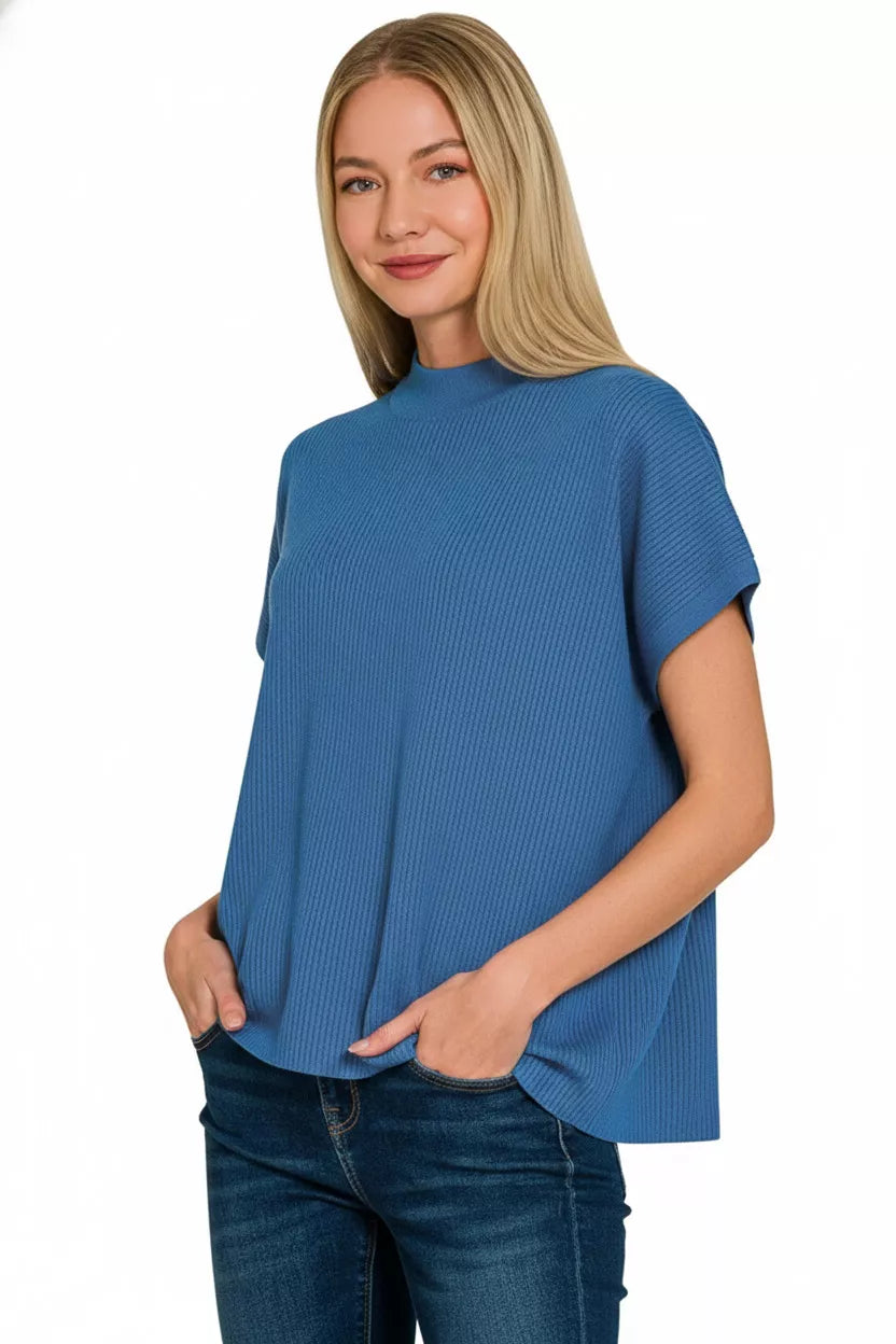 Ribbed mock neck short sleeve boxy sweater