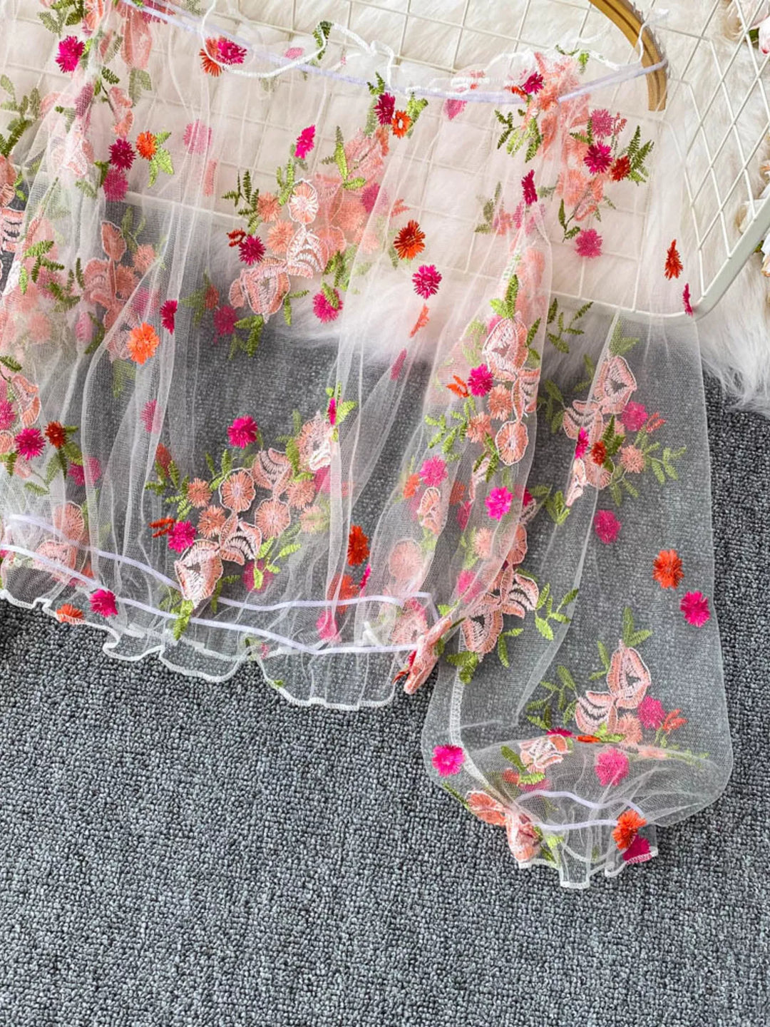 Floral embroidered off-shoulder mesh crop top with puff sleeves