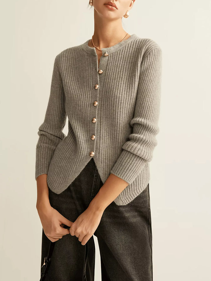 Ribbed knit button-down cardigan with gold buttons