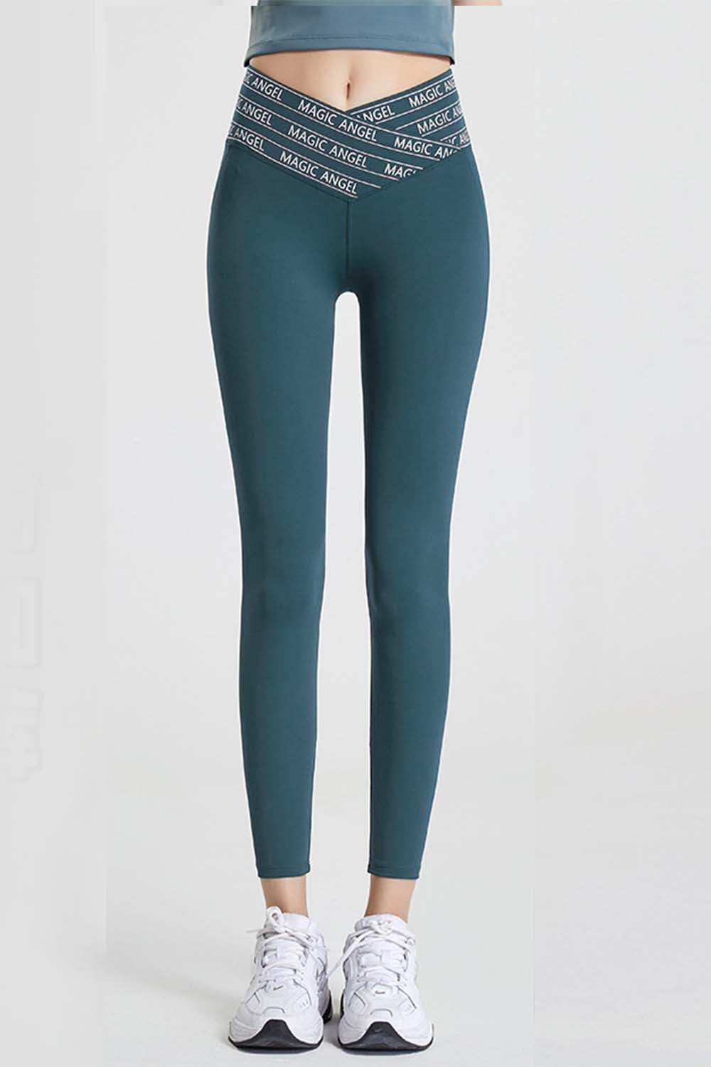 Deep Teal Slogan tape crossover waist cropped workout leggings