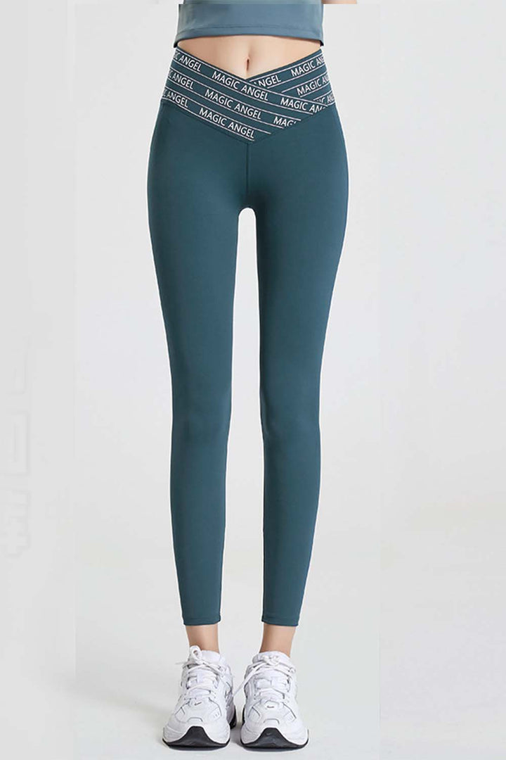 Deep Teal Slogan tape crossover waist cropped workout leggings