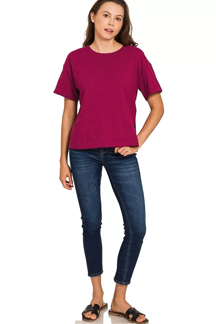 Cotton slub crew neck short sleeve tee with raw hem