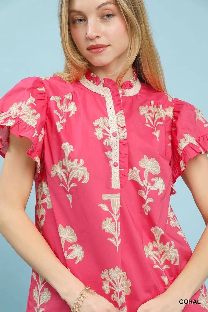 Floral flutter sleeve split-neck top with lace trim placket
