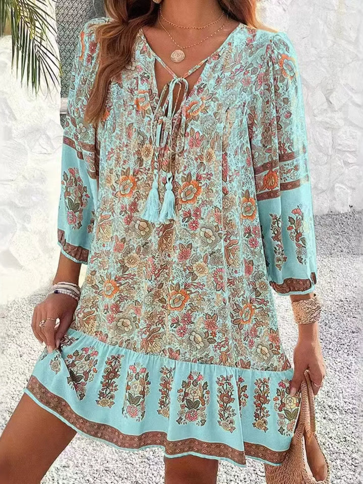 Boho floral v-neck mini dress with tassel tie and long sleeves