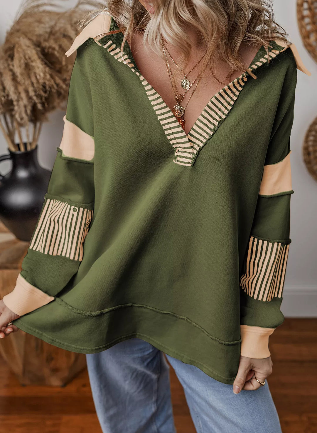 Moss Color block striped Johnny collar sweatshirt with exposed seams