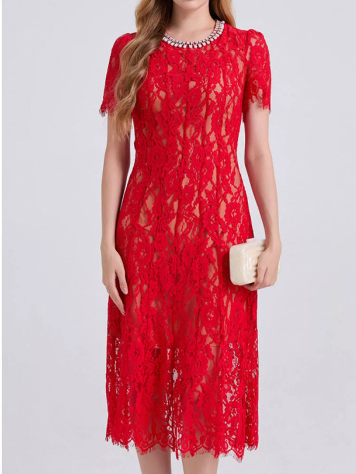 Red Floral lace midi dress with pearl neckline