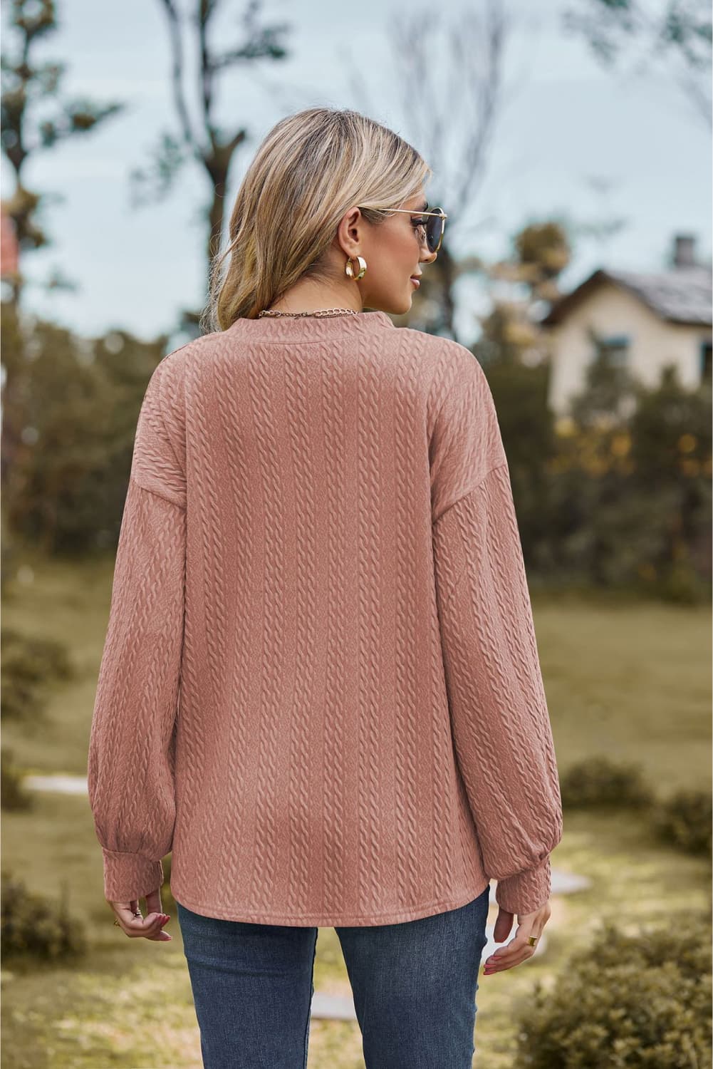 Textured knit V-neck top with dropped shoulders